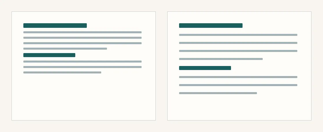 Two layouts of the same text: tightly spaced on the left, with clearer gaps between sections on the right.